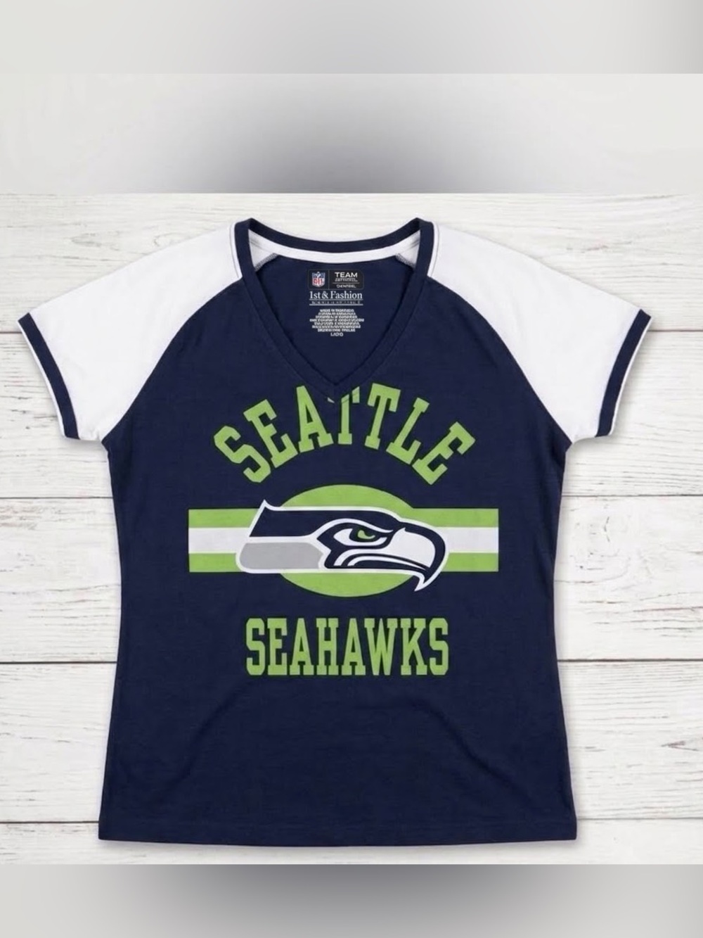 Seattle Seahawks Womens T Shirt Navy Blue White Raglan V Neck Team Apparel Sz L